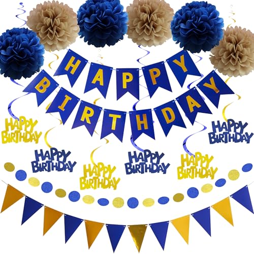 Aurmonigo Happy Birthday Banner Dekorationen - Blau Gold Party Dekoration Happy Birthday Banner Wimpelkette Hängende Wirbel Girlande Seidenpapier Pom Poms für Jungen Kinder Erwachsene Partyzubehör Aurmonigo Happy Birthday Banner Dekorationen - Blau Gold Party Dekoration Happy Birthday Banner Wimpelkette Hängende Wirbel Girlande Seidenpapier Pom Poms für Jungen Kinder Erwachsene Partyzubehör von Aurmonigo