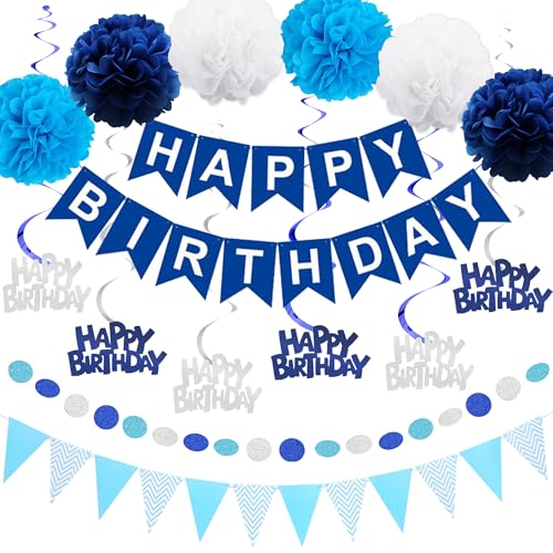 Aurmonigo Happy Birthday Banner Dekorationen – Blau Weiß Party Happy Birthday Banner Wimpelkette Hängende Wirbel Girlande Seidenpapier Pom Poms für Jungen Kinder Erwachsene Dekoration Supplies Aurmonigo Happy Birthday Banner Dekorationen – Blau Weiß Party Happy Birthday Banner Wimpelkette Hängende Wirbel Girlande Seidenpapier Pom Poms für Jungen Kinder Erwachsene Dekoration Supplies von Aurmonigo