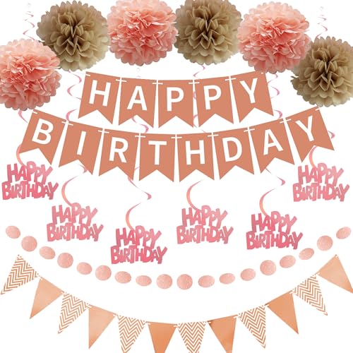 Aurmonigo Happy Birthday Banner Dekorationen - Rose Gold Party Dekoration Happy Birthday Banner Wimpelkette Hängende Wirbel Girlande, Seidenpapier Pom Poms für Mädchen Frauen Erwachsene Supplies Aurmonigo Happy Birthday Banner Dekorationen - Rose Gold Party Dekoration Happy Birthday Banner Wimpelkette Hängende Wirbel Girlande, Seidenpapier Pom Poms für Mädchen Frauen Erwachsene Supplies von Aurmonigo