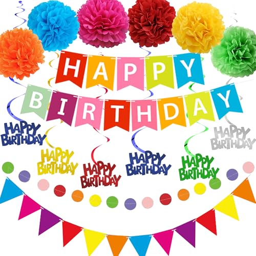 Aurmonigo "Happy Birthday"-Banner-Dekorationen – bunte Party-Dekoration, Happy Birthday-Banner, Wimpelkette, hängende Wirbel, Girlande, Seidenpapier-Pompons für Mädchen, Kinder, Frauen, Partyzubehör Aurmonigo "Happy Birthday"-Banner-Dekorationen – bunte Party-Dekoration, Happy Birthday-Banner, Wimpelkette, hängende Wirbel, Girlande, Seidenpapier-Pompons für Mädchen, Kinder, Frauen, Partyzubehör von Aurmonigo