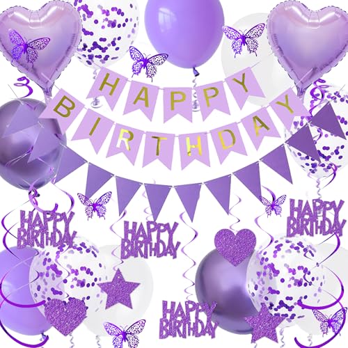 Aurmonigo Happy Birthday Dekorationen für Frauen - Lila Happy Birthday Banner Wimpelkette Folienballons Konfetti Latex Ballon, Hängende Wirbel Schmetterling Dekoration für Mädchen Party Supplies von Aurmonigo