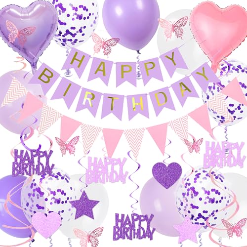 Aurmonigo Happy Birthday Dekorationen für Mädchen - Lila Rosa Happy Birthday Banner Wimpelkette Folienballons Konfetti Latex Ballon, Hängende Wirbel Schmetterling Dekoration für Mädchen Party Supplies von Aurmonigo