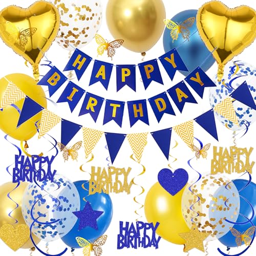 Aurmonigo Happy Birthday Dekorationen für Männer - Blau Gold Happy Birthday Banner Wimpelkette Folienballons Konfetti Latex Ballon, Hängende Wirbel Schmetterling Dekoration für Junge Party Supplies von Aurmonigo