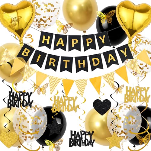 Aurmonigo Happy Birthday Dekorationen für Männer - Schwarz Gold Happy Birthday Banner Wimpelkette Folienballons Konfetti Latex Ballon, Hängende Wirbel Schmetterling Dekoration für Junge Party Supplies von Aurmonigo