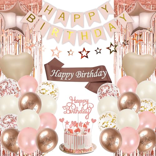 Aurmonigo Roségold Geburtstag Dekorationen - Happy Birthday Party Dekoration Banner Luftballons Folie Konfetti Ballon, Cake Topper Lametta Vorhang Girlande Schärpe für Mädchen Frauen Party Supplies Aurmonigo Roségold Geburtstag Dekorationen - Happy Birthday Party Dekoration Banner Luftballons Folie Konfetti Ballon, Cake Topper Lametta Vorhang Girlande Schärpe für Mädchen Frauen Party Supplies von Aurmonigo