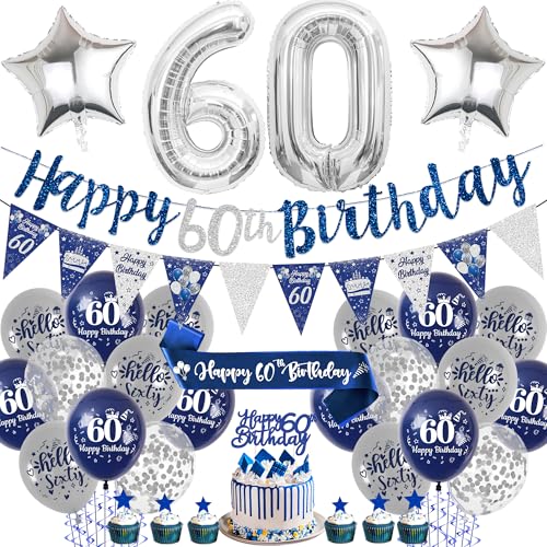 Aurmonigo 60 Geburtstag Dekorationen Männer - Blau und Silber Happy Birthday Banner Luftballons Kuchen Topper Nummer 60 Folienballon, Schärpe Wimpelkette Party Supplies für 60 Jahre alt Thema Dekor von Aurmonigo