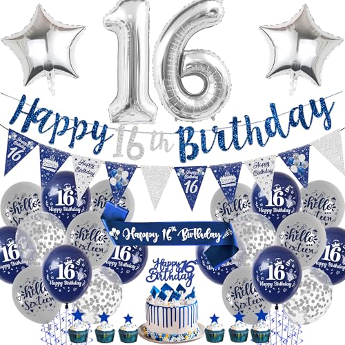 Aurmonigo 16. Geburtstag Dekorationen Junge - Blau und Silber Happy Birthday Banner Luftballons Kuchen Topper Nummer 16 Folienballon, Schärpe Wimpelkette Party Supplies für 16 Jahre alt Thema Dekor von Aurmonigo