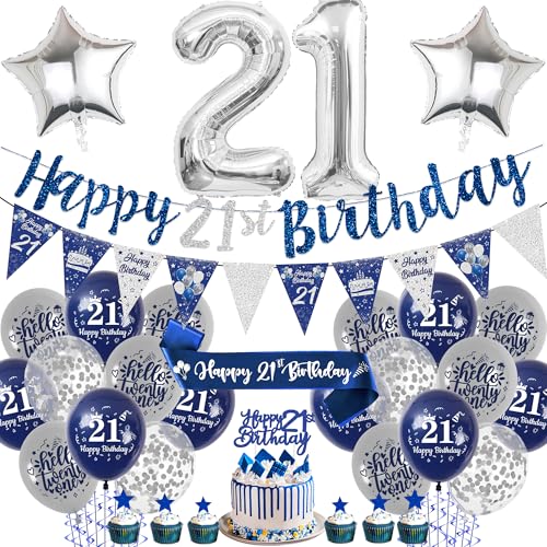 Aurmonigo 21. Geburtstag Dekorationen für Ihn - Blau und Silber Happy Birthday Banner Luftballons Kuchen Topper Nummer 21 Folienballon Schärpe Wimpelkette Party Supplies für 21 Jahre alt Thema Dekor von Aurmonigo