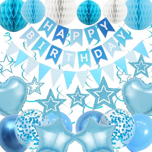 Blaue Geburtstagsdekoration für Männer – 64-teiliges Party-Dekorationsset enthält Happy Birthday-Banner, Latex-Stern-Herz-Folienballons, Wimpelkette, Wabendekoration für Jungen Blaue Geburtstagsdekoration für Männer – 64-teiliges Party-Dekorationsset enthält Happy Birthday-Banner, Latex-Stern-Herz-Folienballons, Wimpelkette, Wabendekoration für Jungen von Aurmonigo