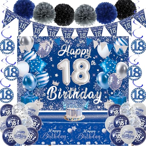 Dekoration zum 18. Geburtstag für Jungen und Mädchen – Blau Silber Junge 18 Geburtstag Dekoration Happy 18th Birthday Wimpelkette Banner Hintergrund Tischdecke Hängende Wirbel Kuchen Topper Papier Dekoration zum 18. Geburtstag für Jungen und Mädchen – Blau Silber Junge 18 Geburtstag Dekoration Happy 18th Birthday Wimpelkette Banner Hintergrund Tischdecke Hängende Wirbel Kuchen Topper Papier von Aurmonigo