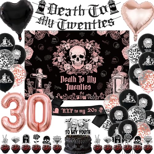 Dekoration zum 30. Geburtstag, Roségold – Death to My Twenties Banner Luftballons Kuchen Topper Rip to My 20s Schärpe, Nummer 30 Ballon Hintergrund für Frauen Happy Birthday Party Supplies von Aurmonigo
