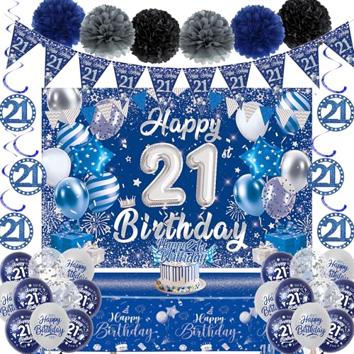 Dekorationen zum 21. Geburtstag für Jungen und Ihn, Blau / Silber, Partyzubehör zum 21. Geburtstag, Luftballons, Wimpelkette, Banner, Hintergrund, Tischdecke, hängende Wirbel, Kuchendekoration von Aurmonigo