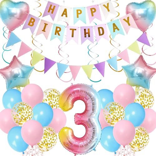 Regenbogen 3 Geburtstag Dekorationen für Mädchen - 60 Stück Gradient Party Supplies Happy Birthday Banner, Riesenzahl 3 Folienballon und hängende Wirbel für 3 Jahre alt Themed Geburtstag Regenbogen 3 Geburtstag Dekorationen für Mädchen - 60 Stück Gradient Party Supplies Happy Birthday Banner, Riesenzahl 3 Folienballon und hängende Wirbel für 3 Jahre alt Themed Geburtstag von Aurmonigo