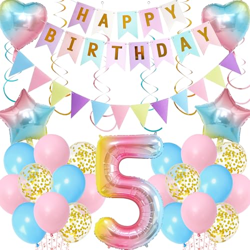 Regenbogen 5 Geburtstag Dekorationen Mädchen - 60 Stück Gradient Party Supplies Happy Birthday Banner, Riesenzahl 5 Folienballon und hängende Wirbel für 5 Jahre alt Themed Geburtstag Regenbogen 5 Geburtstag Dekorationen Mädchen - 60 Stück Gradient Party Supplies Happy Birthday Banner, Riesenzahl 5 Folienballon und hängende Wirbel für 5 Jahre alt Themed Geburtstag von Aurmonigo