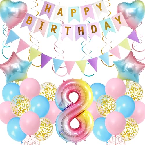 Regenbogen 8 Geburtstag Dekorationen für Mädchen - 60 Stück Gradient Party Supplies Happy Birthday Banner, Riesenzahl 8 Folienballon und hängende Wirbel für 8 Jahre alt Themed Geburtstag Regenbogen 8 Geburtstag Dekorationen für Mädchen - 60 Stück Gradient Party Supplies Happy Birthday Banner, Riesenzahl 8 Folienballon und hängende Wirbel für 8 Jahre alt Themed Geburtstag von Aurmonigo