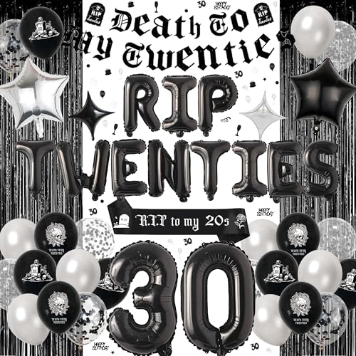 Rip 20er Jahre Geburtstag Dekorationen - Death to My 20s Dekorationen Set enthält Banner Lametta Vorhänge Schärpe Konfetti Latex Buchstaben Stern Zahl Ballons für Männer Frauen Goth Thema 30 von Aurmonigo