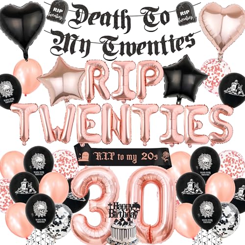 Rip 20er Jahre Geburtstag Dekorationen - Rose Gold Death to My Twenties Banner Schärpe Kuchen Topper Buchstabe Herz Stern Zahl Ballons für Frauen Halloween Gothic Thema 30. Geburtstag Party Supplies Rip 20er Jahre Geburtstag Dekorationen - Rose Gold Death to My Twenties Banner Schärpe Kuchen Topper Buchstabe Herz Stern Zahl Ballons für Frauen Halloween Gothic Thema 30. Geburtstag Party Supplies von Aurmonigo