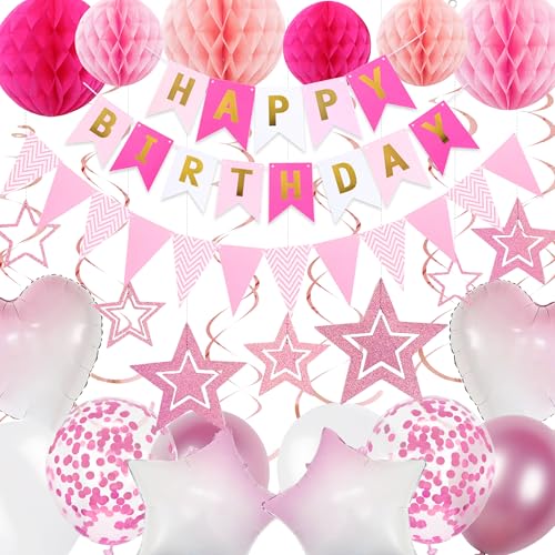 Rosa Geburtstagsdekoration für Frauen – 64-teiliges Partydekorationsset enthält Happy Birthday Banner Latex Stern Herz Folienballons Wimpelkette Wabendekor für Mädchen Rosa Geburtstagsdekoration für Frauen – 64-teiliges Partydekorationsset enthält Happy Birthday Banner Latex Stern Herz Folienballons Wimpelkette Wabendekor für Mädchen von Aurmonigo
