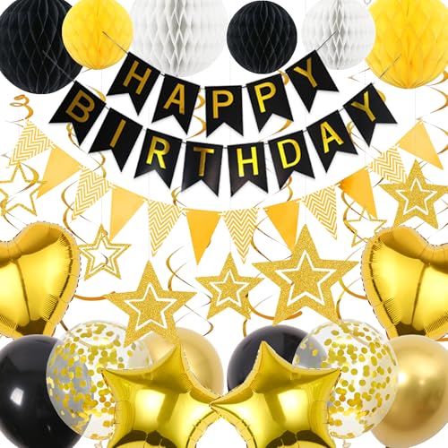 Schwarz-goldene Geburtstagsdekoration für Damen und Herren, 64-teiliges Party-Dekorationsset, enthält Happy Birthday-Banner, Latex-Stern-Herz-Folienballons, Wimpelkette, Wabendekoration für Damen, Schwarz-goldene Geburtstagsdekoration für Damen und Herren, 64-teiliges Party-Dekorationsset, enthält Happy Birthday-Banner, Latex-Stern-Herz-Folienballons, Wimpelkette, Wabendekoration für Damen, von Aurmonigo