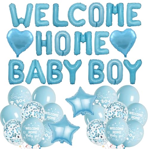 Welcome Home Baby Boy Dekorationen - Blau Babyparty Dekoration Buchstabe Stern Herz Folienballons, Konfetti Latex Ballon für Familie Geburtstag Jungen Neugeborene Party Supplies von Aurmonigo