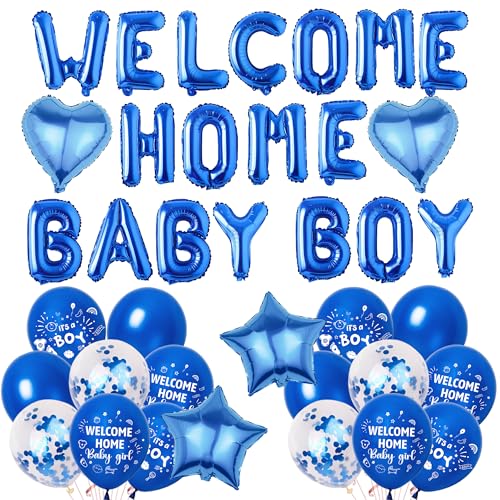 Welcome Home Baby Boy Dekorationen - Blau Babyparty Dekoration Buchstabe Stern Herz Folienballons, Konfetti Latex Ballon für Familie Geburtstag Jungen Neugeborene Party Supplies von Aurmonigo