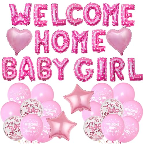 Welcome Home Baby Mädchen Dekorationen - Rosa Baby Shower Dekoration Buchstabe Stern Herz Folienballons, Konfetti Latex Gedruckt Ballon für Familie Geburtstag Mädchen Neugeborene Party Supplies von Aurmonigo
