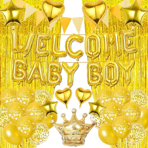Willkommen Home Dekorationen Baby Boy - Gold Luftballons Brief Stern Herz Krone Folie Latex Ballon Wimpelkette Lametta Vorhänge Party Dekoration für Babyparty Geburtstag Familie Party Willkommen Home Dekorationen Baby Boy - Gold Luftballons Brief Stern Herz Krone Folie Latex Ballon Wimpelkette Lametta Vorhänge Party Dekoration für Babyparty Geburtstag Familie Party von Aurmonigo