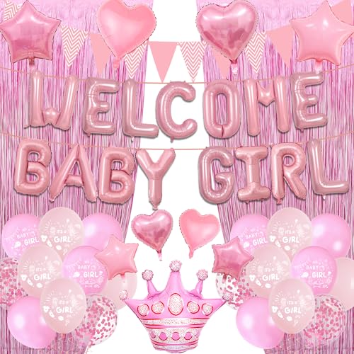 Willkommen Home Dekorationen Baby Mädchen - Rosa Luftballons Buchstabe Stern Herz Krone Folie Latex Ballon Wimpelkette Lametta Vorhänge Party Dekoration für Babyparty Geburtstag Familie Party Willkommen Home Dekorationen Baby Mädchen - Rosa Luftballons Buchstabe Stern Herz Krone Folie Latex Ballon Wimpelkette Lametta Vorhänge Party Dekoration für Babyparty Geburtstag Familie Party von Aurmonigo