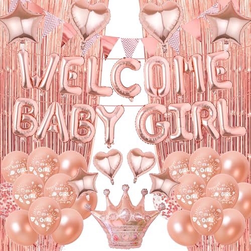 Willkommen Home Dekorationen Baby Mädchen - Roségold Luftballons Buchstabe Stern Herz Krone Folie Latex Ballon Wimpelkette Lametta Vorhänge Party Dekoration für Babyparty Geburtstag Familie Party Willkommen Home Dekorationen Baby Mädchen - Roségold Luftballons Buchstabe Stern Herz Krone Folie Latex Ballon Wimpelkette Lametta Vorhänge Party Dekoration für Babyparty Geburtstag Familie Party von Aurmonigo
