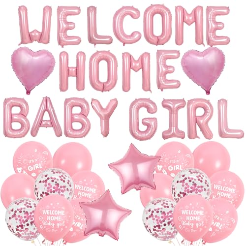 Willkommen Zuhause Baby Mädchen Dekorationen - Rosa Babyparty Dekoration Buchstabe Stern Herz Folienballons, Konfetti Latex Ballon für Familie Geburtstag Mädchen Neugeborene Party Supplies von Aurmonigo