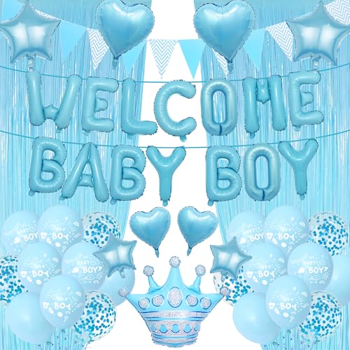 Willkommen Zuhause Dekorationen Baby Boy - Aurmonigo Blau Luftballons Brief Stern Krone Herz Folie Latex Ballon Wimpelkette Lametta Vorhänge Party Dekoration für Babyparty Geburtstag Familie Party Willkommen Zuhause Dekorationen Baby Boy - Aurmonigo Blau Luftballons Brief Stern Krone Herz Folie Latex Ballon Wimpelkette Lametta Vorhänge Party Dekoration für Babyparty Geburtstag Familie Party von Aurmonigo