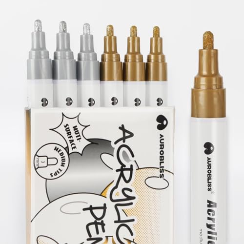Stift Gold Silber Wasserfest 6 Stück, Goldener Stift für Glas, Leinwand, Stein, Metall, Papier, Grabstein Goldstift, Acrylstifte Gold Silber Marker 2-3mm Permanent Stift Gold Silber Wasserfest 6 Stück, Goldener Stift für Glas, Leinwand, Stein, Metall, Papier, Grabstein Goldstift, Acrylstifte Gold Silber Marker 2-3mm Permanent von Aurobliss