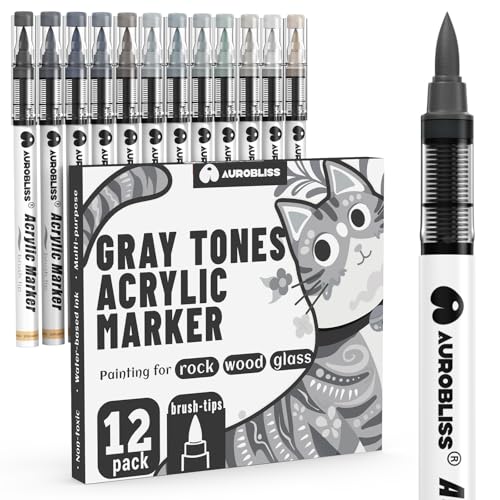 Acrylstifte Grautöne Pinselspitze, 12 Permanent Marker Grau Wasserfest Stifte Grau für Steine, Papier, Holz, Canvas, Leinwand Grey Marker Pen von Aurobliss
