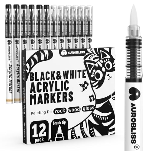 Acrylstifte Schwarz Weiß Pinselspitze 12 Stück, Permanent Marker Schwarz Weißer Wasserfester Stift für Stein, Holz, Metall, Papier, Glas, Stoffe, Kunststoff, Leder DIY von Aurobliss