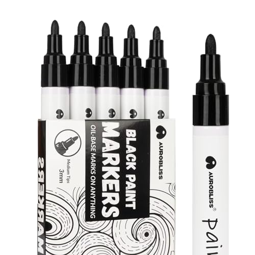 Aurobliss Lackmarker Schwarz 5pcs, Permanent Marker Schwarz Lackstift für Steine, Metall, Glas, Holz, Kunststoff, Leder Wasserfeste Marker 2-3mm Dicke Spitze von Aurobliss