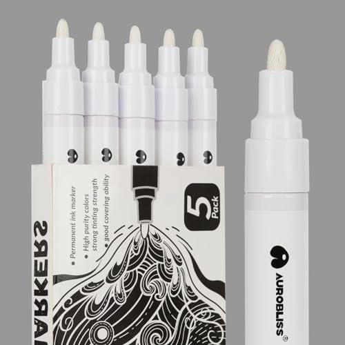 Aurobliss Lackmarker Weiß 5pcs, Permanent Lackstift Weiß für Holz, Steine, Metall, Glas, Schuhe, Leder, Reifen Weisse Wasserfeste Marker 2-3mm Dicke Spitze von Aurobliss