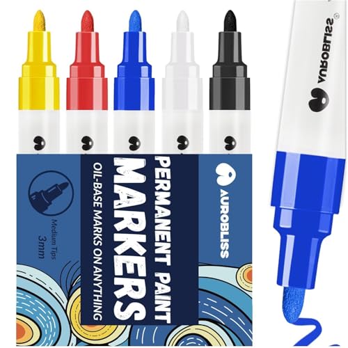 Aurobliss Permanent Marker Bunt 5 Lackstift, Wasserfeste Stifte für Glas, Kunststoff, Holz, Metall, Reifen, Steine Bemalen von Aurobliss