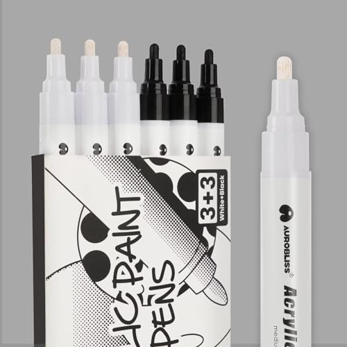 Schwarz Weiß Acrylstifte Dicke Spitze, 6Stück Acryl Stift Weiß Schwarz Wasserfest Deckend, Permanent Marker Stifte für Steine, Holz, Metall, Kunststoff, Leder, Tasse, Schuhe, Reifen Stift von Aurobliss