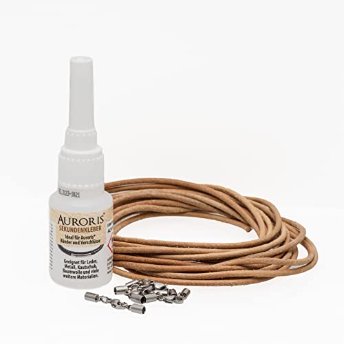 Auroris DIY-Set aus 5 Meter Lederband, Verschlüssen und Kleber für Ketten/Armbänder, Variante: 2 mm/natur Auroris DIY-Set aus 5 Meter Lederband, Verschlüssen und Kleber für Ketten/Armbänder, Variante: 2 mm/natur von Auroris