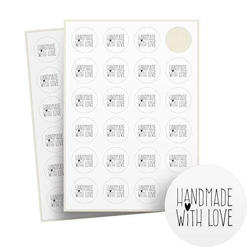 Aufkleber Handmade with Love – 48 Stück auf Bogen – Recyclingpapier, rund – Ø 4 cm – als Sticker oder Etiketten für Hochzeit, Weihnachten – handgemacht, Marmeladen, Kerzen - KLEINES HERZ von Ausgewählt verpackt