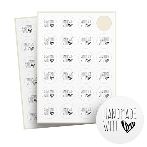 Aufkleber Handmade with Love – 48 Stück auf Bogen – Recyclingpapier, rund – Ø 4 cm – als Sticker oder Etiketten für Hochzeit, Weihnachten – handgemacht, Marmeladen, Kerzen - SCHRAFFIERTES HERZ von Ausgewählt verpackt