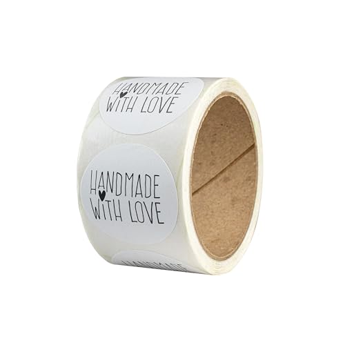 Aufkleber Handmade with Love – 50 Stück – Recyclingpapier, rund – Ø 4 cm – als Sticker oder Etiketten für Hochzeit, Weihnachten – handgemacht, Marmeladengläser, Kerzen - KLEINES HERZ von Ausgewählt verpackt