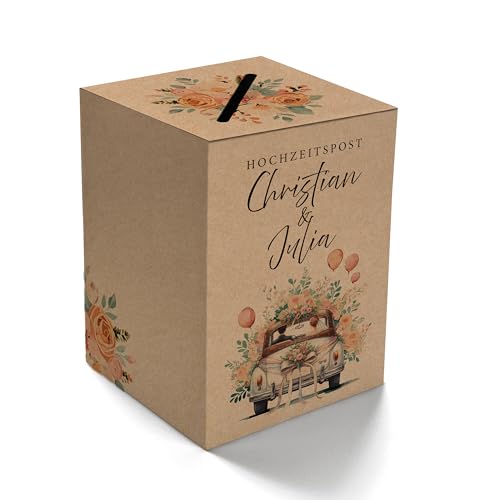 Ausgewählt verpackt Kartenbox Hochzeit selbst gestalten – Geschenkbox mit Namen des Brautpaares, Datum – Hochzeitsbox für Geldgeschenke – Briefbox, Geldbox am Geburtstag (Motiv-5, braun) von Ausgewählt verpackt