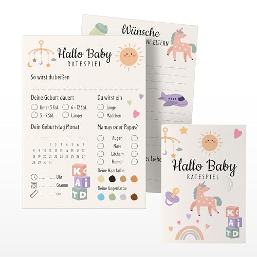 Babyparty Karten zum Ausfüllen – 15 Ratekarten in Geschenkbox – Babyshower Ratespiel – Tippkarten für Gender Reveal Baby Party - (MOTIV 1) von Ausgewählt verpackt