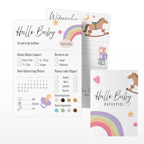 Babyparty Karten zum Ausfüllen – 15 Ratekarten in Geschenkbox – Babyshower Ratespiel – Tippkarten für Gender Reveal Baby Party - (MOTIV 4) von Ausgewählt verpackt