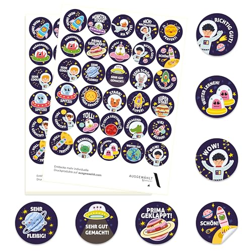 Belohnungssticker für Grundschule Lehrerbedarf – Motivationsaufkleber für Kinder im Set – ab 300 Stück – 30 Sprüche – Sticker für Schule, Kindergarten – (04-WELTRAUM) von Ausgewählt verpackt