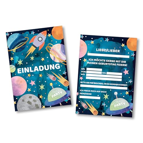 Einladungen zum Kindergeburtstag – 12 Stück, DIN A6 – Einladungskarten zum Geburtstag für Mädchen und Jungen – Party Karten für Kids und Teens – Kinder Einladungen zum Beschriften – (WELTRAUM) von Ausgewählt verpackt