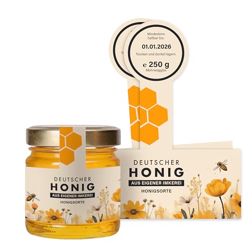 Honig Etiketten 250 g mit Gewährverschluss selbst gestalten – ab 25 Stück – Honig Aufkleber personalisierbar, selbstklebend, ablösbar – Honigetiketten für Honiggläser – (HONIG - 250 g - GEW1) von Ausgewählt verpackt