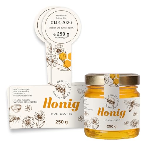 Honig Etiketten 250 g mit Gewährverschluss selbst gestalten – ab 25 Stück – Honig Aufkleber personalisierbar, selbstklebend, ablösbar – Honigetiketten für Honiggläser – (HONIG - 250 g - GEW10) von Ausgewählt verpackt