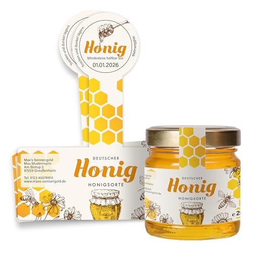 Honig Etiketten 250 g mit Gewährverschluss selbst gestalten – ab 25 Stück – Honig Aufkleber personalisierbar, selbstklebend, ablösbar – Honigetiketten für Honiggläser – (HONIG - 250 g - GEW11) von Ausgewählt verpackt